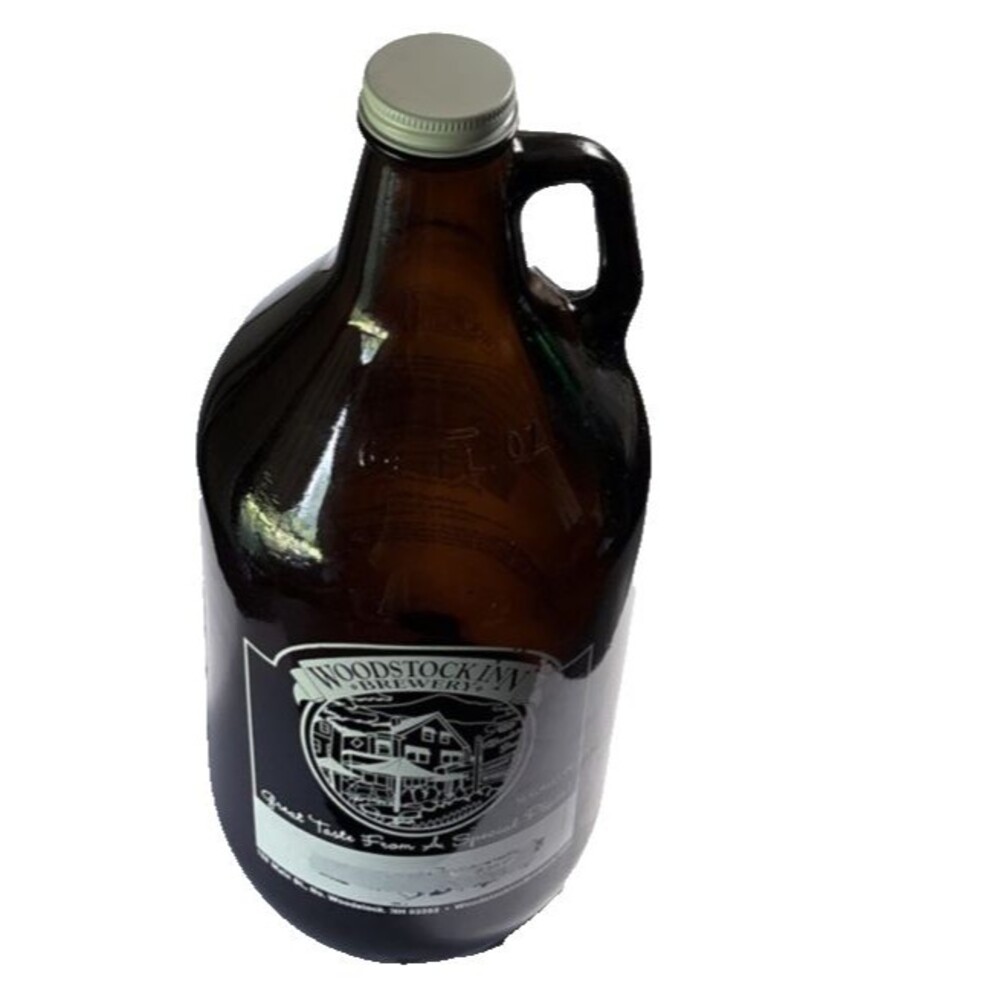Woodstock Inn Brewery Amber Glass 64 0z. Growler With White Screw Cap
